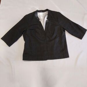 Kensie Plaid Open Front Blazer Charcoal Grey Sz 1X Collarless 3/4 Sleeve Pockets